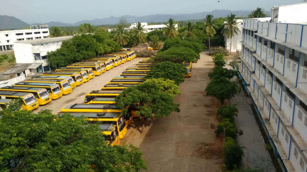erk school campus top view with bus - Dharmapuri's Best budget School & College